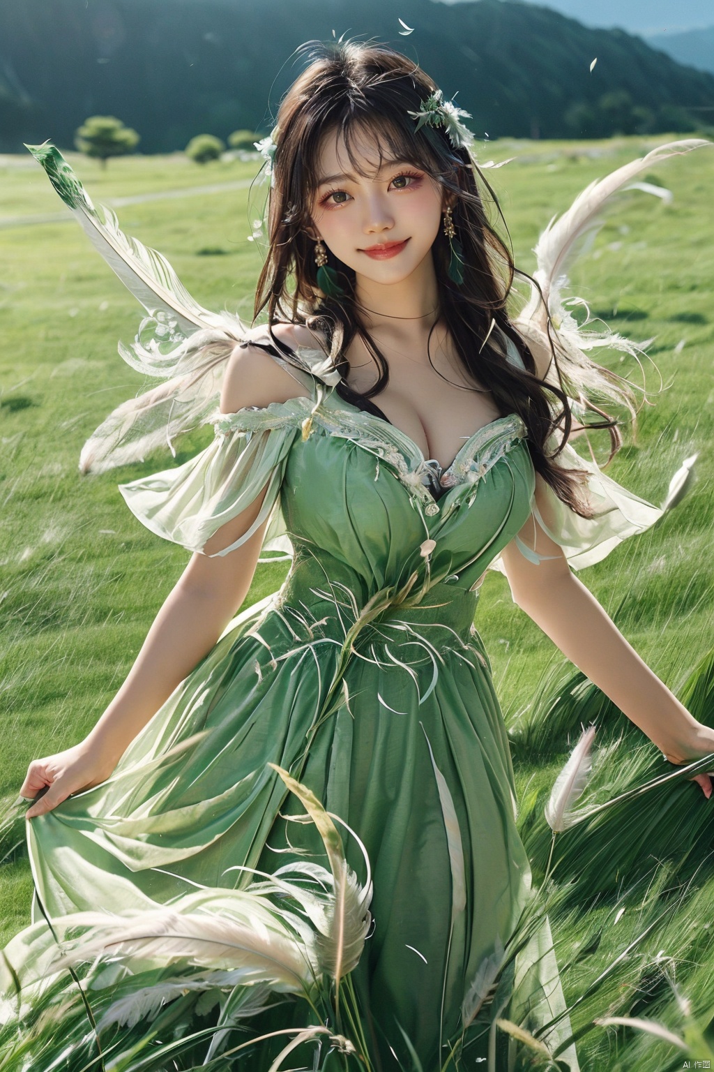  (grass:1.5),1girl,a gorgeous long dress made of feathers,green feather,huge feathers,complex background,beautiful background,(feathers everywhere:1.3),depth of field level,,kind smile,looking_at_viewer,Dynamic pose, BY MOONCRYPTOWOW, angel, jiqing, babata