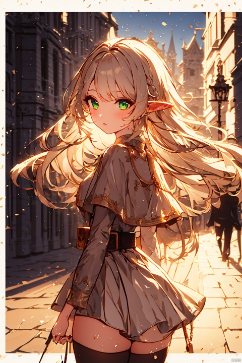  cropped background, (outside border), cropped torso,
1girl, solo, elf,
green eyes, (white hair), green gradient hair, (long hair), floating hair,
frilled shirt, capelet, long sleeves, pouch, belt, brooch,
chibi, upper body, walking, looking back, 
gothic architecture, street, pavement,
(depth of field), jiqing, (\shen ming shao nv\), jijianchahua