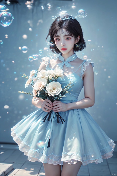  (bubble:1.3), 1 girl, cute, blue dress, holding a bouquet of flowers, black short hair, light white wall, (\meng ze\), (\MBTI\), mjuanlian, jiqing, (\shuang hua\), maolilan