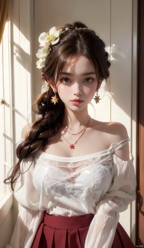  1 girl, jewelry, solo, earrings, long hair, forehead markings, black hair, necklace, bare shoulders, flowers, red lips, hair flowers, upper body, skirt, off shoulder, facial markings, head down, makeup, lips, candles, collarbones, long sleeves, tears streaming down, crying, Tyndall effect, 8k, large aperture, masterpiece of the century, sit, maple leaf, doorway, corridor, Sun on face, 1girl, (\yan yu\),moyou