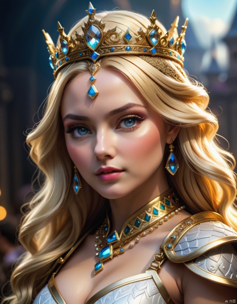 ((best quality)), ((masterpiece)), (detailed), close-up, person wearing costume, fantasy art, queen, crown ,Majestic,blonde, 3D goddess portrait, captivating lighting, 8k resolution, striking facial expression, (elaborate costume details:1.3), vibrant colors, powerful presence, (ethereal glow:1.1), (masterpiece,best quality,ultra_detailed, highres, absurdres:1.2),magic,