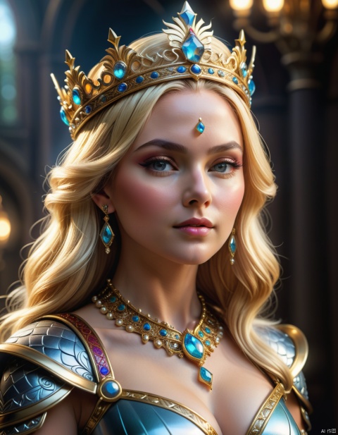 ((best quality)), ((masterpiece)), (detailed), close-up, person wearing costume, fantasy art, queen, crown ,Majestic,blonde, 3D goddess portrait, captivating lighting, 8k resolution, striking facial expression, (elaborate costume details:1.3), vibrant colors, powerful presence, (ethereal glow:1.1), (masterpiece,best quality,ultra_detailed, highres, absurdres:1.2)
