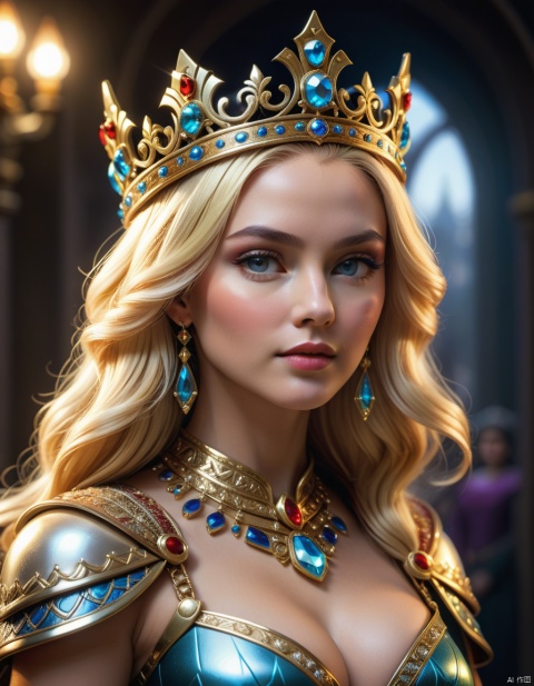 ((best quality)), ((masterpiece)), (detailed), close-up, person wearing costume, fantasy art, queen, crown ,Majestic,blonde, 3D goddess portrait, captivating lighting, 8k resolution, striking facial expression, (elaborate costume details:1.3), vibrant colors, powerful presence, (ethereal glow:1.1), (masterpiece,best quality,ultra_detailed, highres, absurdres:1.2),magic,
