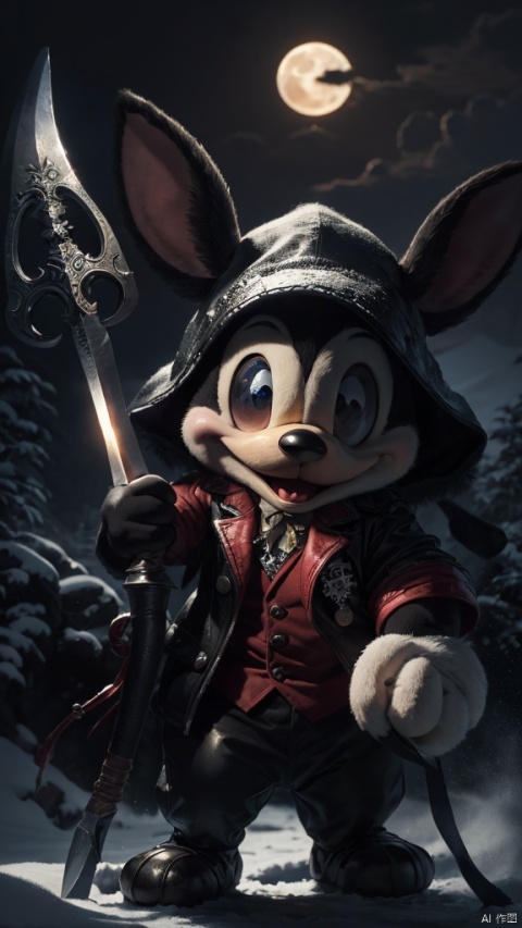 horror Art, Best Quality, Masterpiece, Ultra High Resolution, (Photorealism: 1.4),cute Mickey holding reaper sickle the Magical Sword in the snow mountain,moon,thunder,lighting,Dynamic Running,Horror, 80mm, horror lights, action
