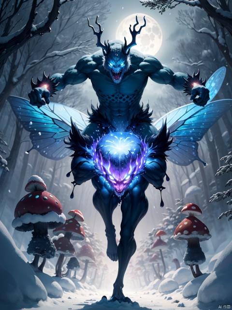 dynamic running of Snow demon,snow forest and colorfull mushroom,lighting colorfull butterfly,big tree,big moon,blue river, a supernatural horror.a creature of the rain.terror incarnate