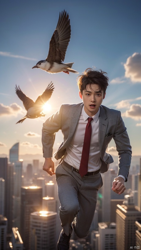 bird's view,Short hair suits man,dynamic running in the sky ,floats above the sky, strolling and dancing in the air,high quality, 8K Ultra HD, lots of musical note symbols inside an apple made of crystal, by yukisakura, high detailed,