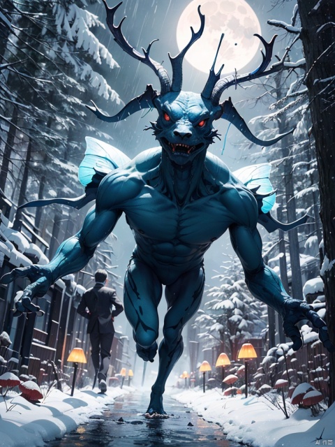 dynamic running of suits man,snow forest and colorfull mushroom,lighting colorfull butterfly,big tree,big moon,blue river, a supernatural horror.a creature of the rain.terror incarnate