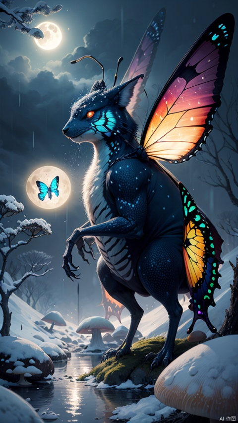 snow forest and colorfull mushroom,lighting colorfull butterfly,big moon,blue river, a supernatural horror.a creature of the rain.terror incarnate