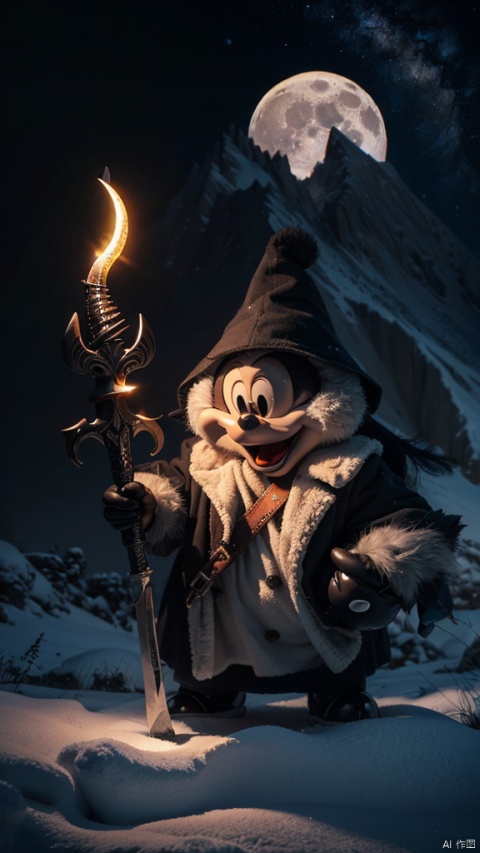 horror Art, Best Quality, Masterpiece, Ultra High Resolution, (Photorealism: 1.4),cute Mickey holding reaper sickle the Magical Sword in the snow mountain,moon,thunder,lighting,Dynamic Running,Horror, 80mm, horror lights, action