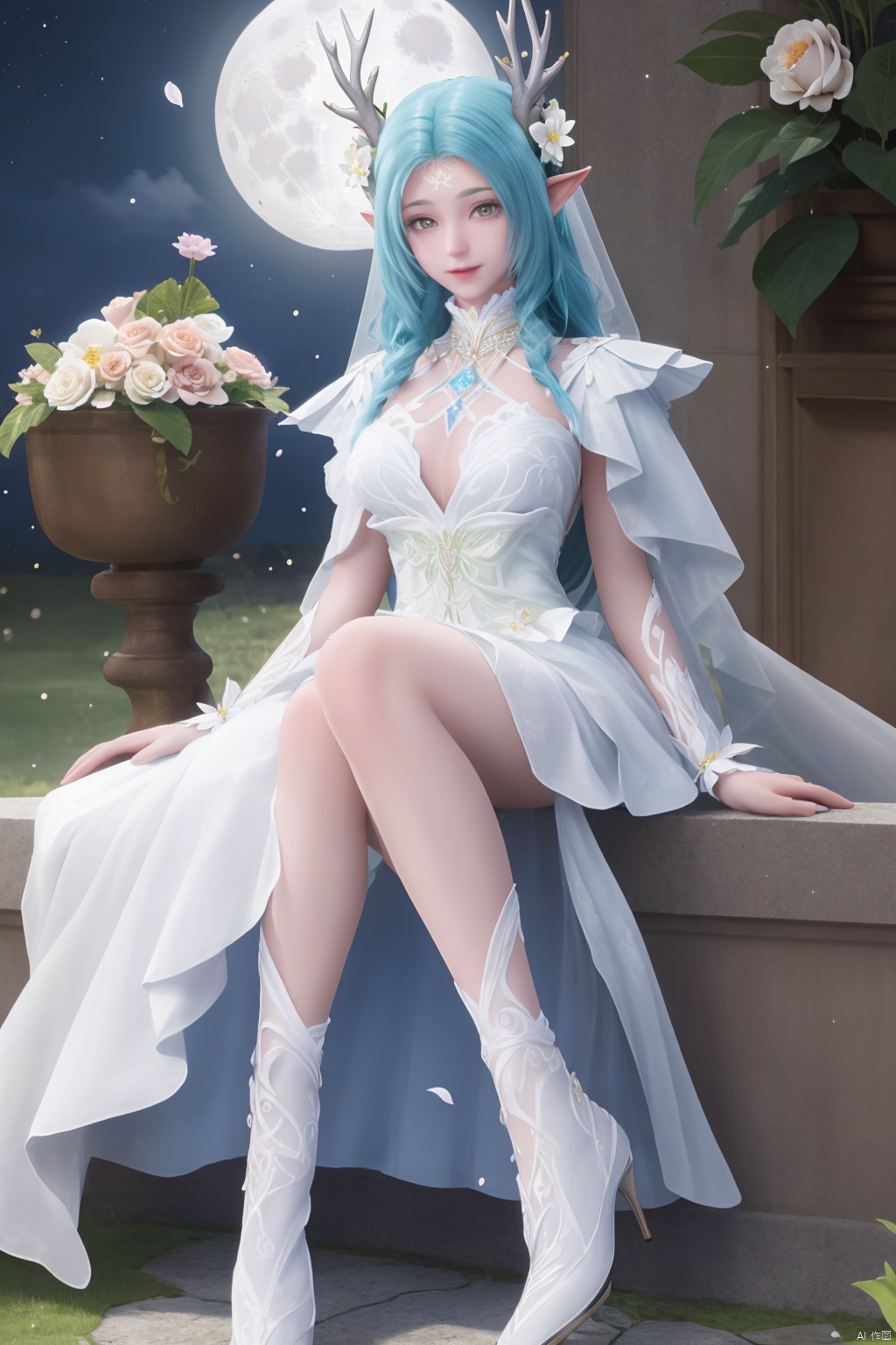 moon,full moon,（outdoors,night）, petals,masterpiece,(best quality),official art, extremely detailed cg 8k wallpaper,((crystalstexture skin)), (extremely delicate and beautiful),highly detailed, (collarbone:0.724), watercolor \(medium\),1girl,Wedding dress,A white wedding dress,frills,petals,blue hair,bridal gauntlets,floral print,flower-shaped pupils,hair flower,butterfly,hair flower,frilled apron,Roses,pyrefly,white pantyhose,Blue High Heels,yume kawaii,sideboob,sitting,horns