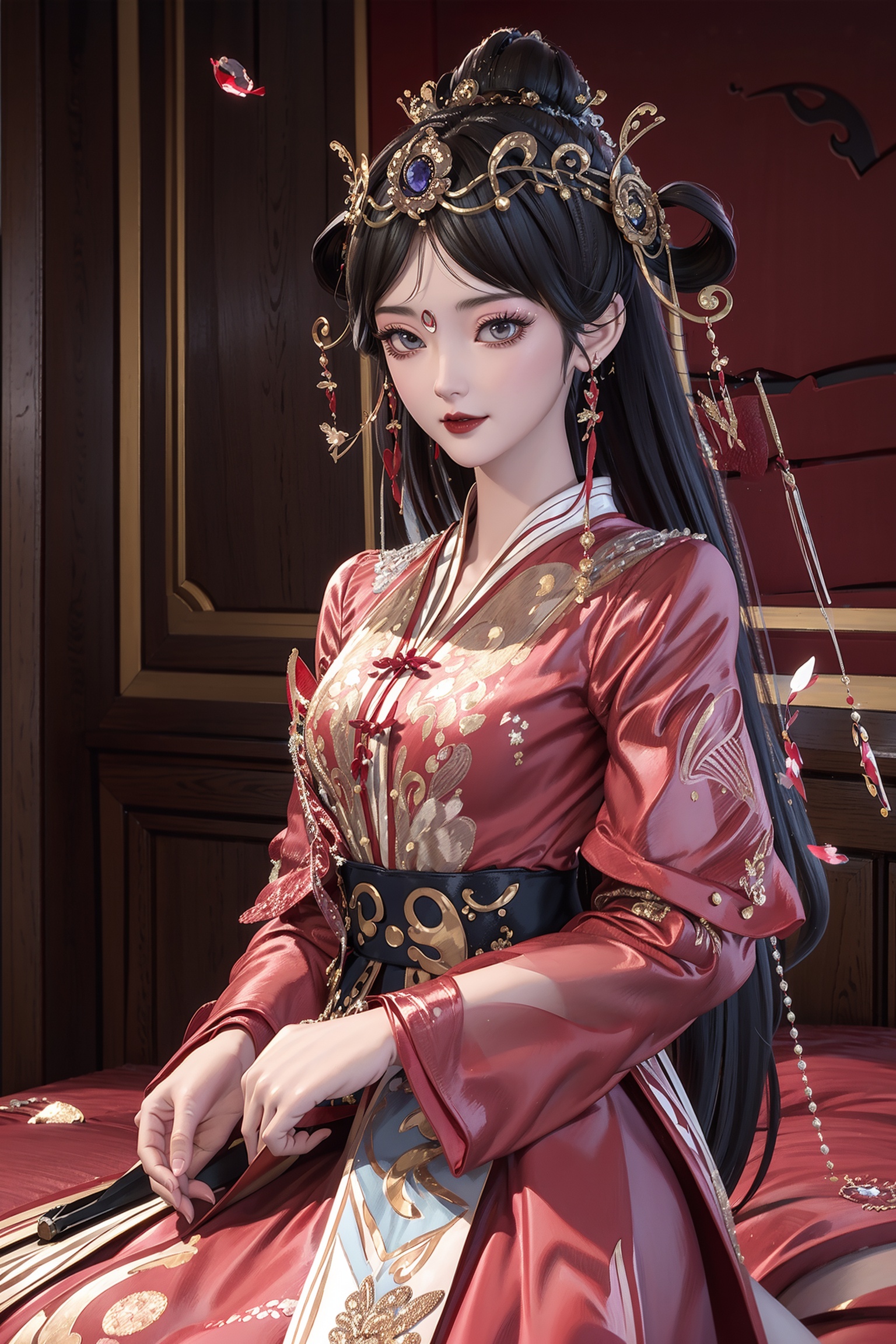  masterpiece, best quality, masterpiece,best quality,official art,extremely detailed CG unity 8k wallpaper, 1girl, red and gold dress,tiara,Red Dress,Feng Guan Xia,long sleeves, red and gold clothes,facing viewer,looking at viewer,happy sugar life,Happy,petals, red and gold clothes, red and gold clothes,Happy,Happy, happy,No lip makeup,Small Lips,bed,long hair,veil,portrait,The hands are covered,arms behind back , 