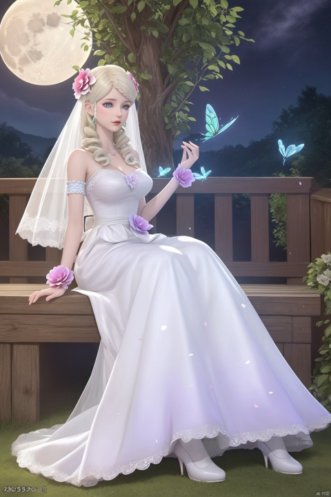 moon,full moon,（outdoors,night）, petals,masterpiece,(best quality),official art, extremely detailed cg 8k wallpaper,((crystalstexture skin)), (extremely delicate and beautiful),highly detailed, (collarbone:0.724), watercolor \(medium\),1girl,Wedding dress,A white wedding dress,frills,petals,blue hair,bridal gauntlets,floral print,flower-shaped pupils,hair flower,butterfly,hair flower,frilled apron,Roses,pyrefly,white pantyhose,Blue High Heels,yume kawaii,sideboob,sitting,blonde hair
