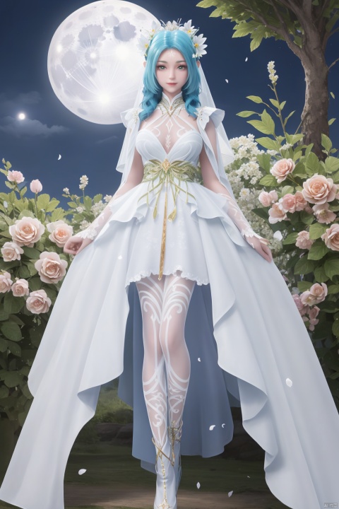  moon,full moon,（outdoors,night）, petals,masterpiece,(best quality),official art, extremely detailed cg 8k wallpaper,((crystalstexture skin)), (extremely delicate and beautiful),highly detailed, (collarbone:0.724), watercolor \(medium\),1girl,Wedding dress,A white wedding dress,frills,petals,blue hair,bridal gauntlets,floral print,flower-shaped pupils,hair flower,butterfly,hair flower,frilled apron,Roses,pyrefly,white pantyhose,Blue High Heels,yume kawaii,sideboob