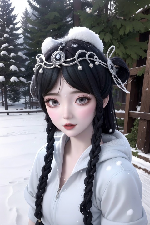 1girl,Snowman Girl,(Sculpture of a Snowy Beauty Woman), 8k, RAW photo, best quality, masterpiece, (white eyes), (white lips),  fairy, ethereal aura, hime cut,Snow White Skin,Clothing made of snow,hood, Snowing,Snow White Dress,portrait, standing,Close Range,hime cut,undercut,black hair,streamers