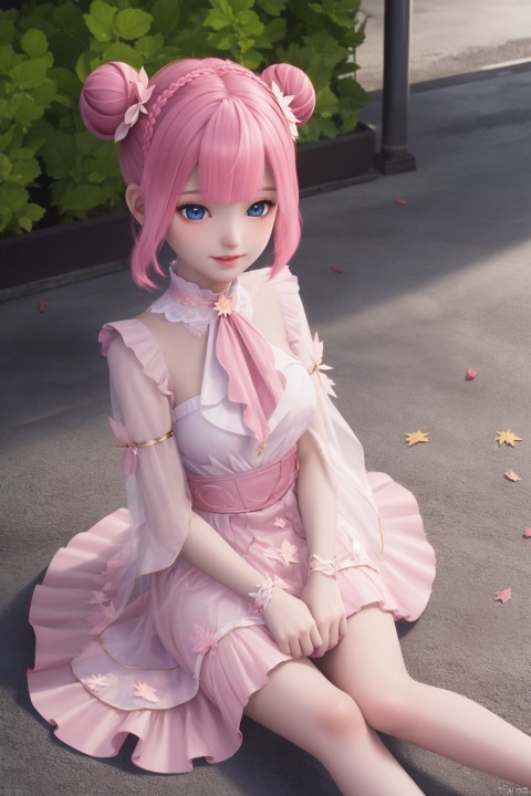maple leaf,petals,outdoors,masterpiece,(best quality),official art, extremely detailed cg 8k wallpaper,((crystalstexture skin)), (extremely delicate and beautiful),highly detailed, (collarbone:0.724),1girl,punk,urban style,stalagmite,looking at viewer,legband,happy,dress,hair ornament,sitting,high heels,dango hair ornament,hair flower,pink hair,hair bun, double bun,closed mouth,from above