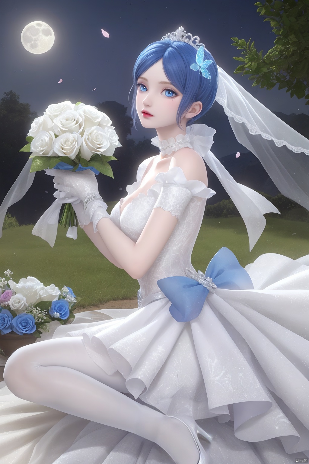  moon,full moon,（outdoors,night）, petals,masterpiece,(best quality),official art, extremely detailed cg 8k wallpaper,((crystalstexture skin)), (extremely delicate and beautiful),highly detailed, (collarbone:0.724), watercolor \(medium\),1girl,Wedding dress,A white wedding dress,frills,petals,blue hair,bridal gauntlets,floral print,flower-shaped pupils,hair flower,butterfly,hair flower,frilled apron,Roses,pyrefly,white pantyhose,Blue High Heels,yume kawaii