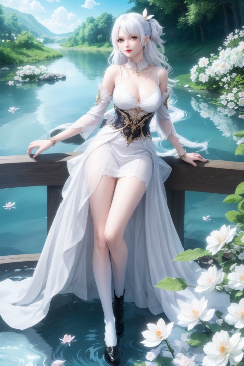  masterpiece,(best quality),official art, extremely detailed cg 8k wallpaper,((crystalstexture skin)), (extremely delicate and beautiful),highly detailed, (collarbone:0.724),1girl,long hair,white hair,undercut,hair ornament,outdoors,petals,water,dress,detached sleeves,hair bow,looking at viewer,White knee-high socks,shoes