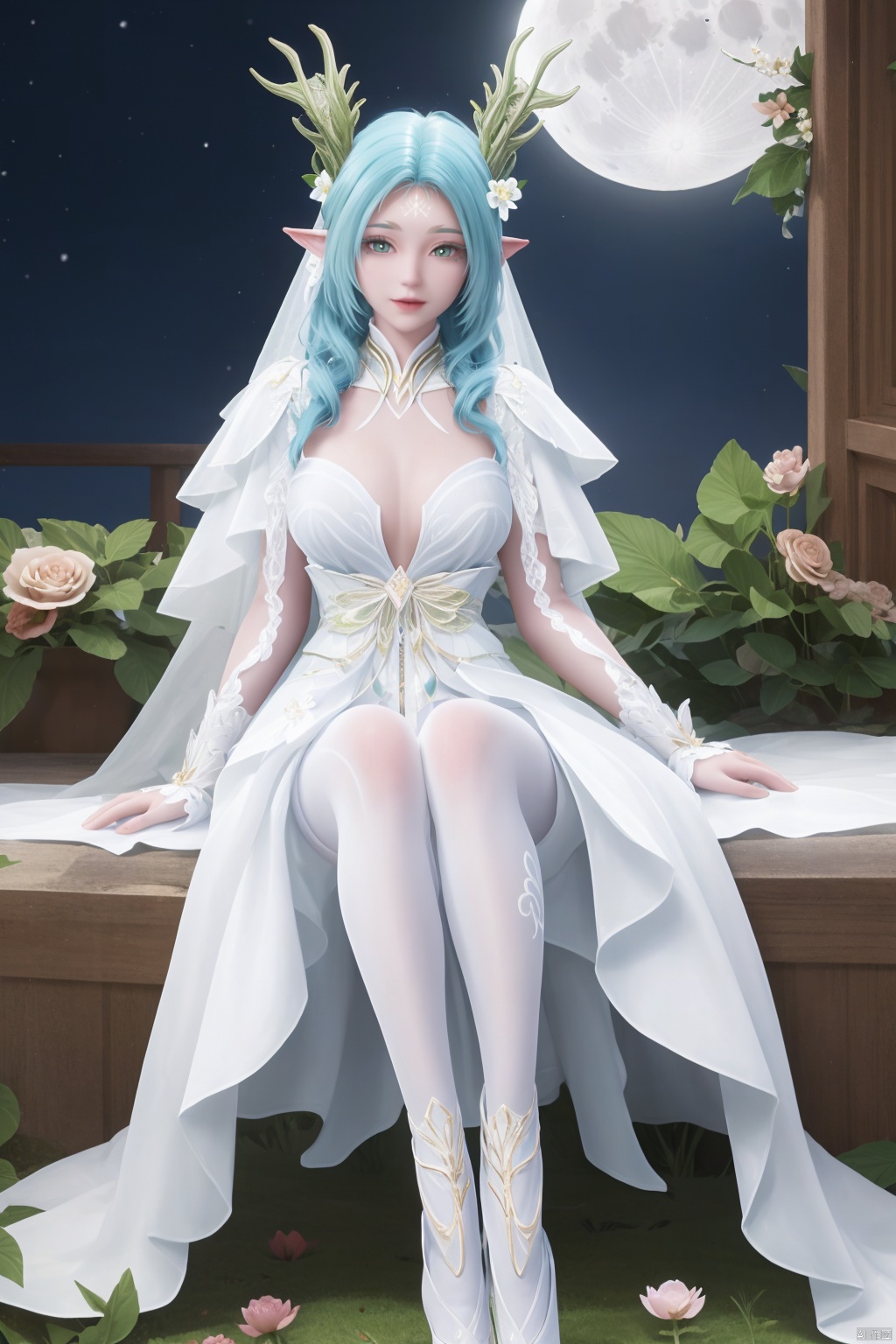 moon,full moon,（outdoors,night）, petals,masterpiece,(best quality),official art, extremely detailed cg 8k wallpaper,((crystalstexture skin)), (extremely delicate and beautiful),highly detailed, (collarbone:0.724), watercolor \(medium\),1girl,Wedding dress,A white wedding dress,frills,petals,blue hair,bridal gauntlets,floral print,flower-shaped pupils,hair flower,butterfly,hair flower,frilled apron,Roses,pyrefly,white pantyhose,Blue High Heels,yume kawaii,sideboob,sitting,horns