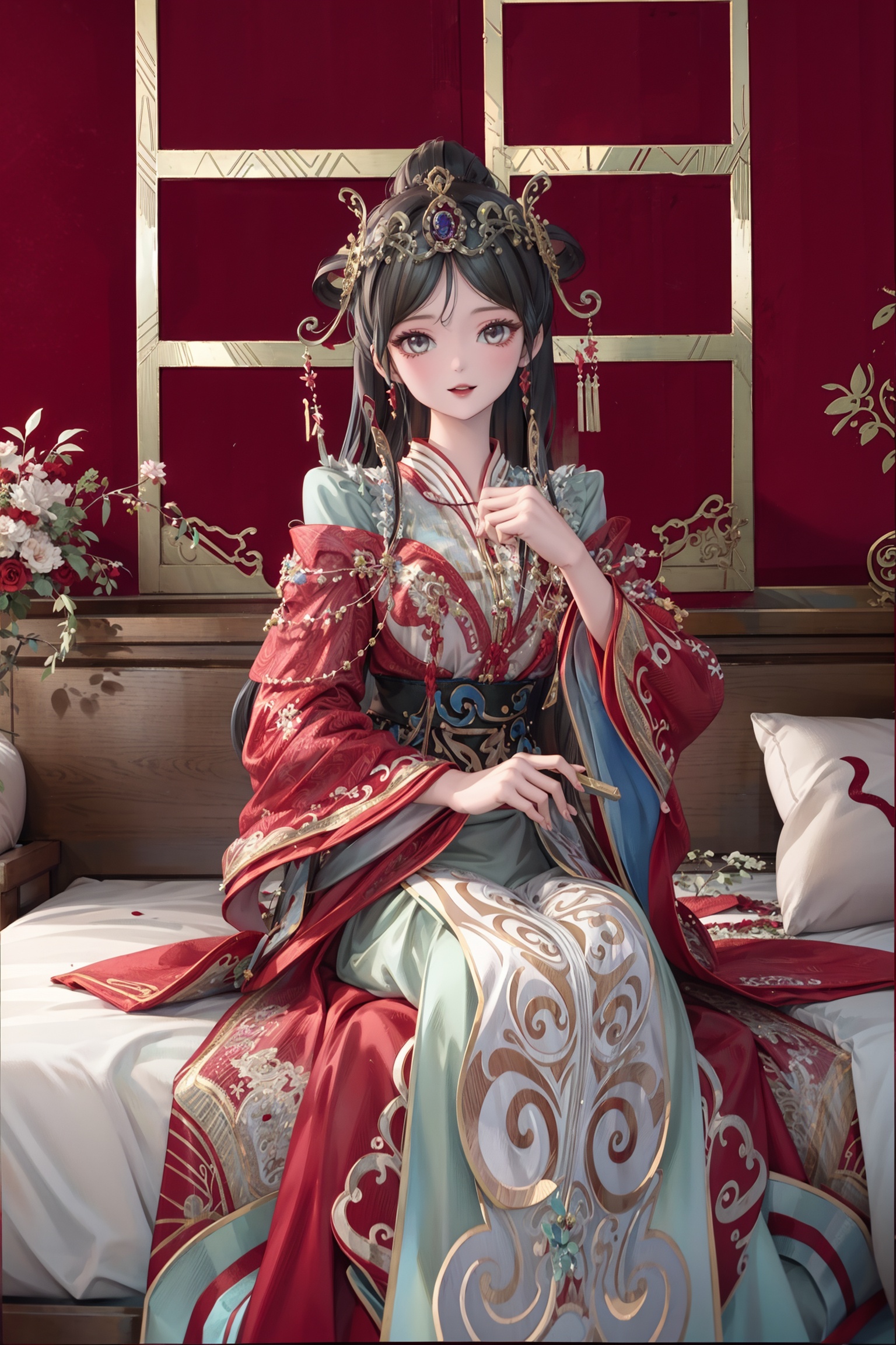  masterpiece, best quality, masterpiece,best quality,official art,extremely detailed CG unity 8k wallpaper, 1girl, red and gold dress,tiara,Red Dress,Feng Guan Xia,long sleeves, red and gold clothes,facing viewer,looking at viewer,happy sugar life,Happy,petals, red and gold clothes, red and gold clothes,Happy,Happy, happy,No lip makeup,Small Lips,bed,long hair