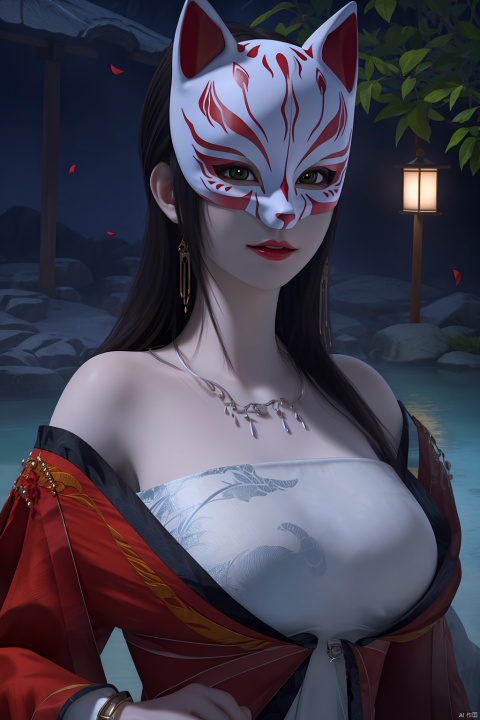petals,water,masterpiece,(best quality),official art, extremely detailed cg 8k wallpaper,((crystalstexture skin)), (extremely delicate and beautiful),highly detailed, (collarbone:0.724),1girl,solo,long hair,headwear,hair_ornament,(dress,clothes,japanese_clothes),((mask, fox_mask))((looking_at_viewer))