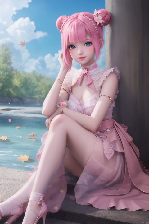 water,maple leaf,petals,outdoors,masterpiece,(best quality),official art, extremely detailed cg 8k wallpaper,((crystalstexture skin)), (extremely delicate and beautiful),highly detailed, (collarbone:0.724),1girl,punk,urban style,stalagmite,looking at viewer,legband,happy,dress,hair ornament,sitting,high heels,dango hair ornament,hair flower,pink hair,hair bun, double bun,closed mouth