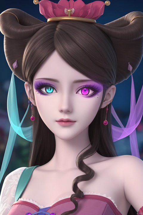  1girl, long hair, looking at viewer, bangs, hair ornament,black hair, long sleeves, dress, closed mouth, flower, hair flower, blurry, blurry background, chinese clothes, red dress, chinese new year,HAPPY NEW YEAR, bare shoulders, happy,blue eyes, brown hair, jewelry, closed mouth, purple eyes, earrings, mole, lips, mole under eye, makeup, glowing, heterochromia, portrait, glowing eyes