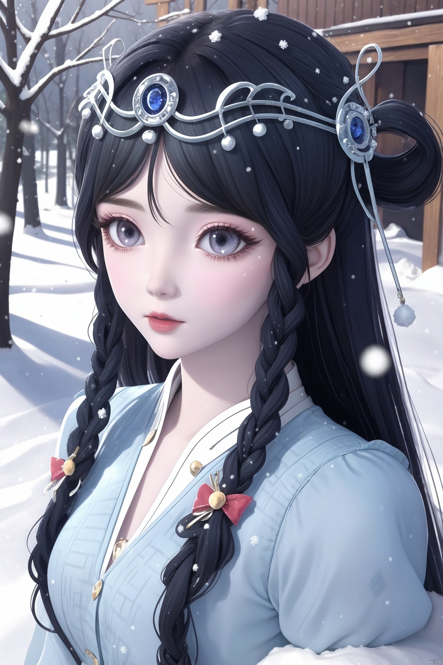1girl,Snowman Girl,(Sculpture of a Snowy Beauty Woman), 8k, RAW photo, best quality, masterpiece, (white eyes), (white lips),  fairy, ethereal aura, hime cut,Snow White Skin,Clothing made of snow,Snowing,Snow White Dress, standing,Close Range,hime cut,undercut,black hair,streamers,hair ornament,veil,Look into the distance,bust chart