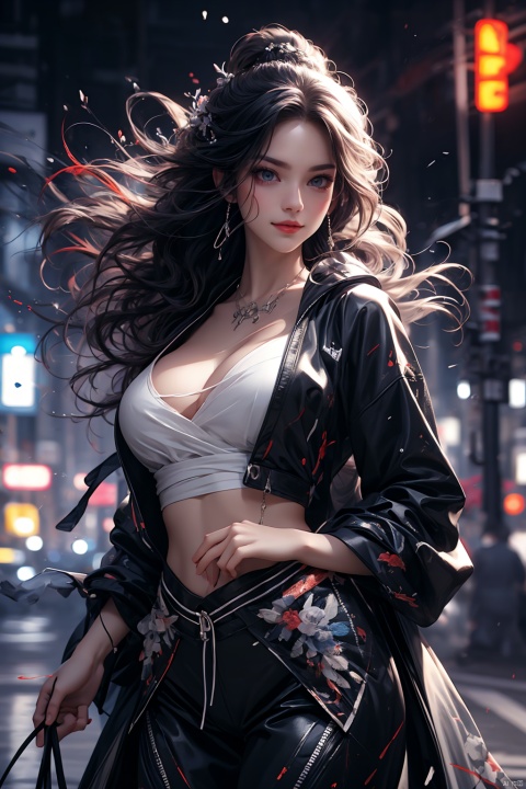  Front, illustration, best quality, super detailed, super detailed skin, cute, cute, extremely detailed, 8K, solo, 1girl, detailed background, city, night,dynamic angle, beautiful eyes, blash, smile, (street clothes: 1.5), street style, (splash is emphasized), splatter, graffiti. Navel,(croptop:0.8),(ear puncture: 0.7), two-tone hair color, (cool), (HDR:1), wind, (Gitmome: 1.2), perfect hand, active, retro artistic style, neon _ pop artistic style, artistic style, behind hands, (big breasts: 1.2)., ZYM, mpaidui