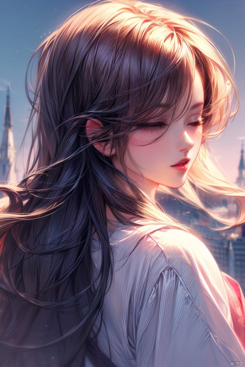 Masterpiece, best quality, realistic details, modern girl, long hair, eyes closed, her back facing the sky, her face slightly wrinkled, thick eyelashes, pink lips, upper body and background dopamine color.