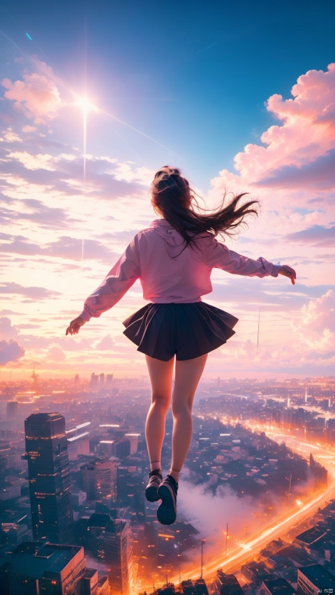  1 girl, pink theme, (best finger: 1.2), back to the sky, hands open from mid-air, falling, urban landscape, masterpiece, best quality, 32k ultra HD, hdr, dtm, 16K, movie lighting effect, super vision, super wide angle, science fiction, TCHKP, sssr, 1girl