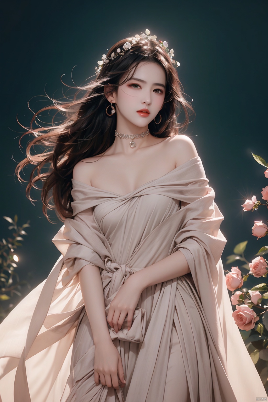  A girl,silk,cocoon,spider web,Solo,Complex Details,Color Differences,Realistic,(Moderate Breath),Off Shoulder,Eightfold Goddess,Pink Long Hair,White Headwear,Hair Above One Eye,Green Eyes,Earrings,Sharp Eyes,Perfect Fit,Choker,Dim Lights,cocoon,transparent,jiBeauty,1girl,flowers,mtianmei,Look at the camera.,flowing skirts,Giant flowers,, liuyifei, Light-electric style