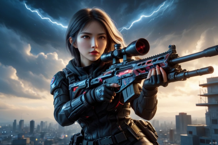 Super girl, lifelike, horror art, bright colors, 8K, light tracking, ambient light shielding, futurism, superb, professional, bulletproof vest, terror elements, dark and cloudy sky background, deep shadows, holding the moment of future sniper rifle shooting,