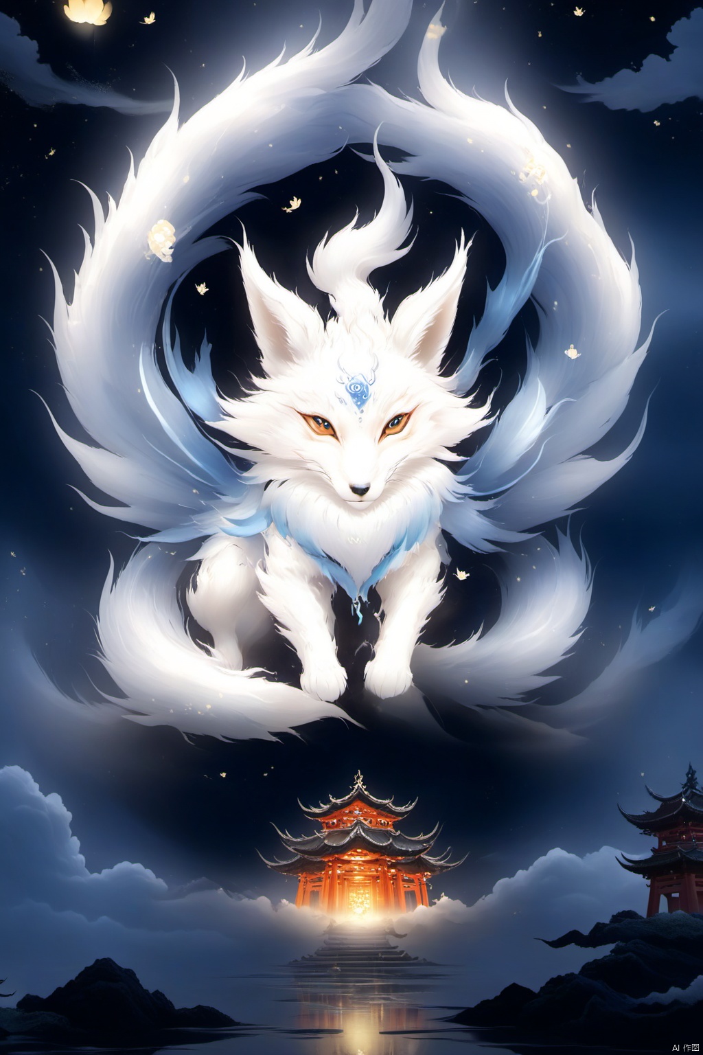 Fox spirit, with the fox as the core, walks in the sky, with mysterious and elegant style and soft lighting effect. The moonlight shines on the fox, and its pure white color and upward perspective show the majesty and beauty of the fox, its exquisite quality and its sporty atmosphere. The picture shows the mysterious charm of the fox fairy and echoes the ancient atmosphere of the shrine. Create a supernatural atmosphere.