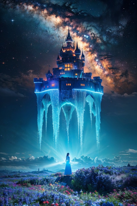 A girl is standing in an otherworldly space, in front of a floating castle, blue flowers flashing, five-dimensional visual feast is amazing, very like the absurd painting style
