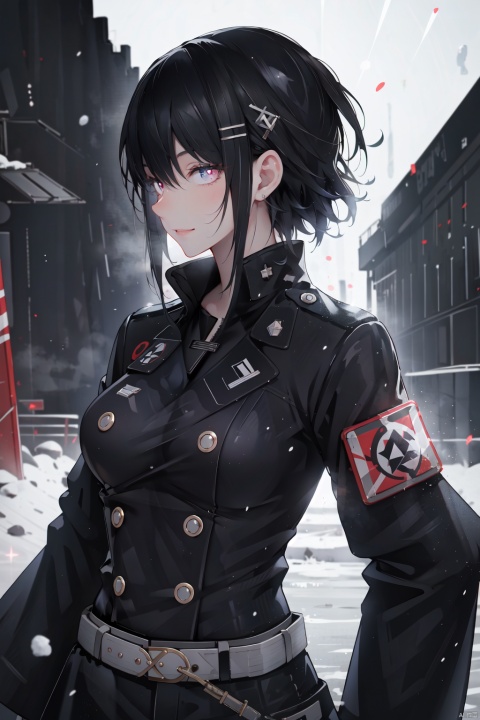  1 girl, military uniform, looking at the audience, gloves, smile, long sleeves, gloves, military, black trousers, belt, hairpin, chest, rifle, snow, black jacket, short hair, long black hair, military uniform, split pupils, black background, profile light, light particles., zoe(palworld)