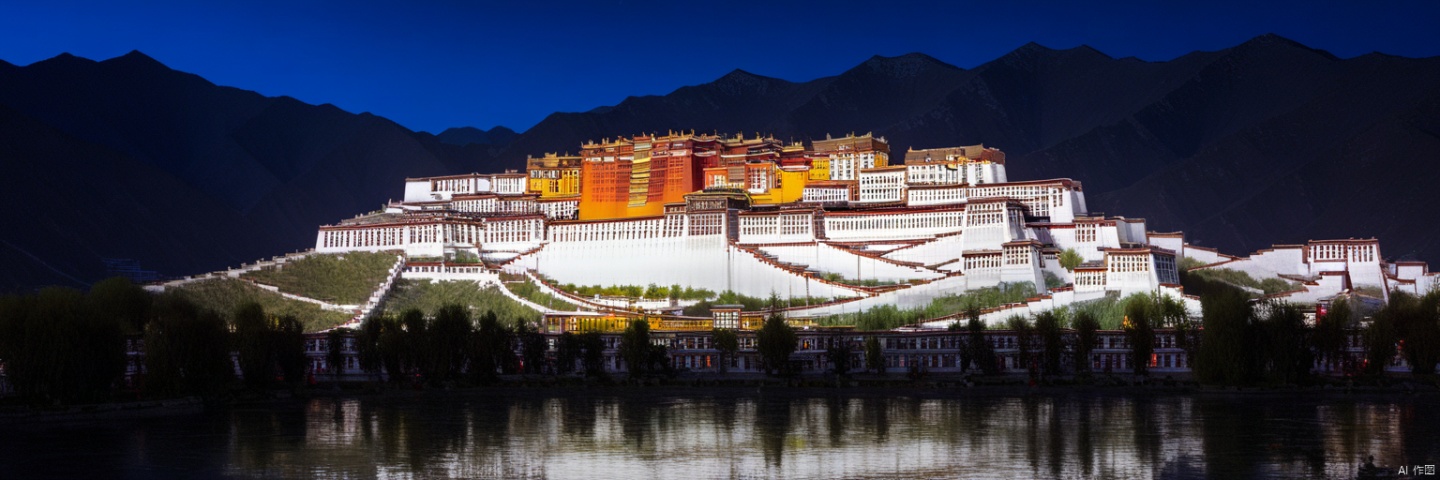 A masterpiece of the best quality, (good structure, good composition, good atmosphere) , (clear, original, beautiful) , Lhasa, Potala Palace, magnificent buildings on the mountain, original photos, night, spotlight on Potala Palace to make it more magnificent

