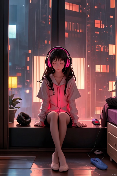 A girl is meditating in her room, wearing headphones, outside the window, night lights, neon lights in rainy days,