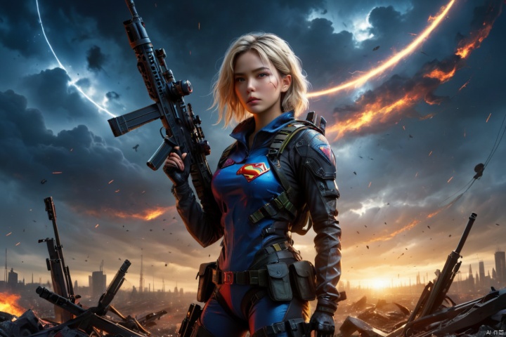 Super girl, lifelike, horror art, bright colors, 8K, light tracking, ambient light shielding, futurism, superb, professional, bulletproof vest, terror elements, dark and cloudy sky background, deep shadows, holding the moment of future sniper rifle shooting, BJ_Alien_garbage