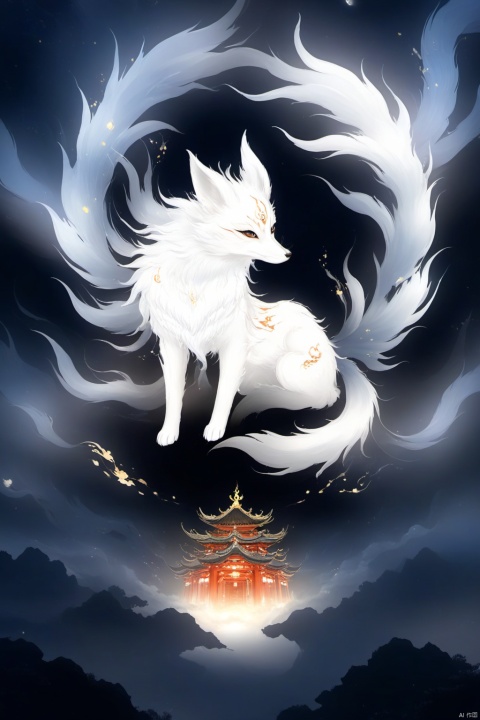 Fox spirit, with the fox as the core, walks in the sky, with mysterious and elegant style and soft lighting effect. The moonlight shines on the fox, and its pure white color and upward perspective show the majesty and beauty of the fox, its exquisite quality and its sporty atmosphere. The picture shows the mysterious charm of the fox fairy and echoes the ancient atmosphere of the shrine. Create a supernatural atmosphere.