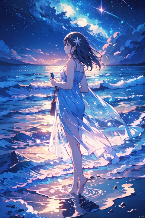  (masterpiece, top quality, best quality, official art, beautiful and aesthetic:1.2),gf-hd, 1girl, solo, long hair, looking up, sky, star \(sky\), night, water, dress, night sky, starry sky, reaching, profile, hair ornament, see-through, robinSR,seaside,coast,standing in sea,bare_feet, jmai, 