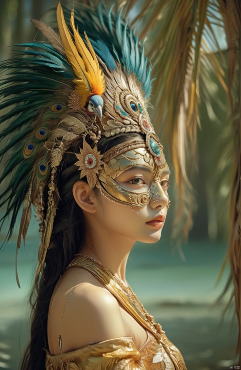 A surreal and fantastical image of a lonely young woman fusing human form with bird features. Her face is adorned with a gold mask, her straight nose and sexy lips reveal the girl's beauty, feathers adorn her headdress, and her bare shoulders reveal a mature body

, hhfhb