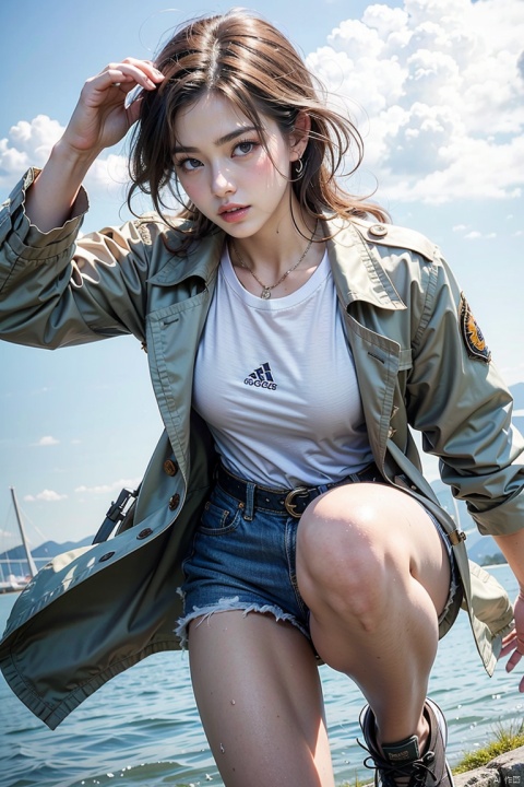 Masterpiece, the best quality, girl, wearing a military uniform, trench coat, a Tatsu Yamashiro, leaping cleaver, super high resolution, extremely detailed, (dynamic posture: 1), sdmai, Super perspective,honebamitoushirou,GMajic,街霸,scale, See thru wet T shirt