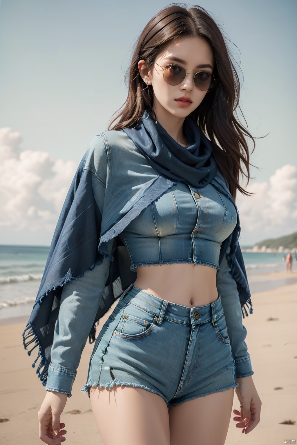  Girl, solo, denim shirt, denim shorts, full chest, standing on the beach, available light, (wearing sunglasses: 1.2), (shawl long hair: 1.3), HDR, UHD, 8K,Best quality, absurdity, reality, masterpiece, high detail, clear focus, available light, film _ lighting, thigh, (cowboy _ lens: 1.2), film lighting, best quality, ultra-fine painting, professionalism, extreme detail description,