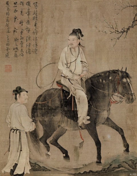  Horse, hangan, horse, male focus, 1boy, 2boys, traditional media, multiple boys, animal, fine art parody a painting of a man leading a horse with a harness on it's neck and a horse with a man on its back,, lzgs, traditional chinese ink painting, HanFu Man,black and white ink painting, bailing_light element,translucent luminous body,willow branches, MAJICMIX STYLE