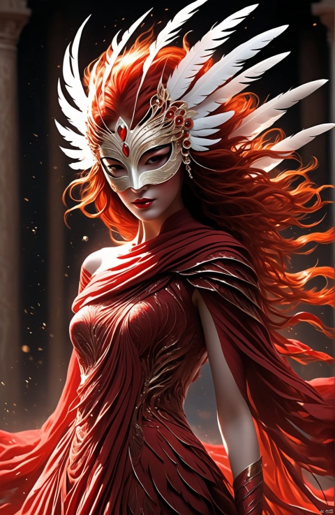  1girl,(red feather_dress),red hair,mask,(full body),
In this vivid portrayal, we see a distinctive girl who captivates attention with her striking attire. She dons an intricately crafted red feather dress, each feather seemingly imbued with vitality, dancing in harmony with every move she makes. The fiery red hue of the gown reflects a passionate spirit and embodies a sense of intensity and theatricality.

Her mane of red hair flows like flames around her facial contours, adding layers to her enigmatic allure. Cascading down her back, it contrasts and complements the feathered hem of the dress, seamlessly blending natural vibrancy with opulent fashion.

A mask adorns her face, revealing only her eyes as portals into her soul. The presence of the mask adds an air of mystery, concealing her identity while amplifying the dramatic effect of her presented image. Whether she is a performer or an embodiment of a dream world, this mysterious woman in her scarlet feathered gown and matching crimson tresses mesmerizes all who behold her.
, bailing_darkness, niji5