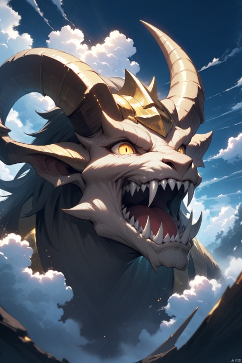  1 monster, tearing the clouds in the sky, exposing long horns from the clouds, sharp-toothed head ((thick horns on the head), golden eyes flashing in front, open mouth revealing sharp teeth, Dingdall effect
