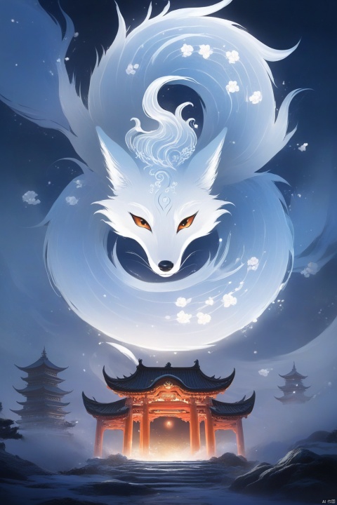 Fox spirit, with the fox as the core, walks in the sky, with mysterious and elegant style and soft lighting effect. The moonlight shines on the fox, and its pure white color and upward perspective show the majesty and beauty of the fox, its exquisite quality and its sporty atmosphere. The picture shows the mysterious charm of the fox fairy and echoes the ancient atmosphere of the shrine. Create a supernatural atmosphere., Dragon pattern, loong,eastern_dragon