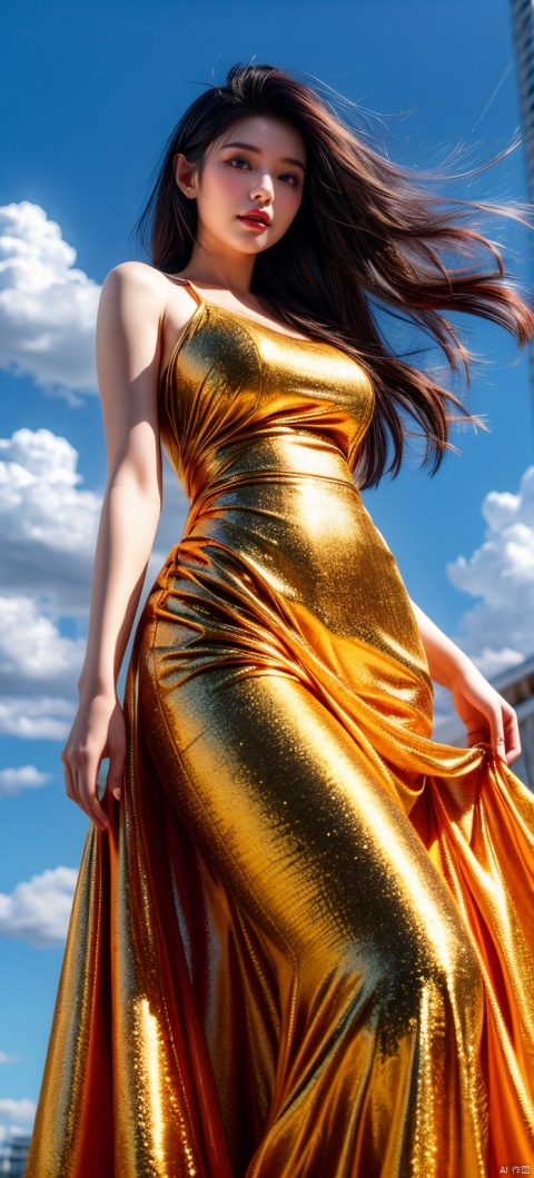  A beautiful woman, in a golden dress, with long black hair and blue sky and white clouds in the background, her hair and the hem of her skirt fluttering in the breeze