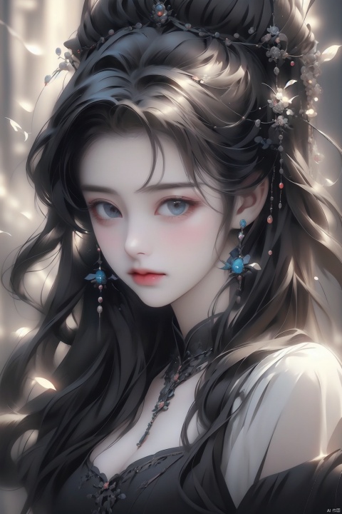  (best quality), (masterpiece), (highres), illustration, original, extremely detailed, rich in details, masterpiece, high quality, 1 girl, European style, Gothic, big sister, dark color, gray background, chest, dress, hair accessories, long hair, solo, long hair fluttering, dofas, qzgt, qzzd, (\yan yu\)