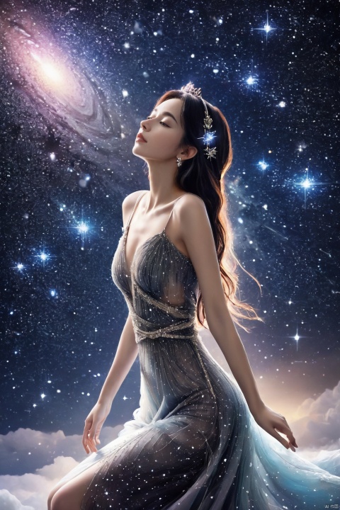  1 girl, adrift in a sea of stars, clad in a shimmering dress that mirrors the cosmos, crowned with a tiara of twinkling constellations, delicate bracelets of stardust encircling her wrists, her eyes reflecting the vastness of space, floating amidst nebula clouds, planets visible in the distance, comet tail streaking by, celestial beings watching over her, a sense of wonder and exploration, serene and peaceful, otherworldly beauty., hubg_jsnh